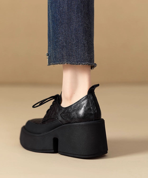 Black Platform Sheepskin Stylish Splicing Lace Up Pointed Toe