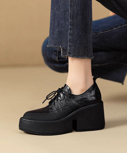 Black Platform Sheepskin Stylish Splicing Lace Up Pointed Toe