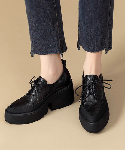 Black Platform Sheepskin Stylish Splicing Lace Up Pointed Toe