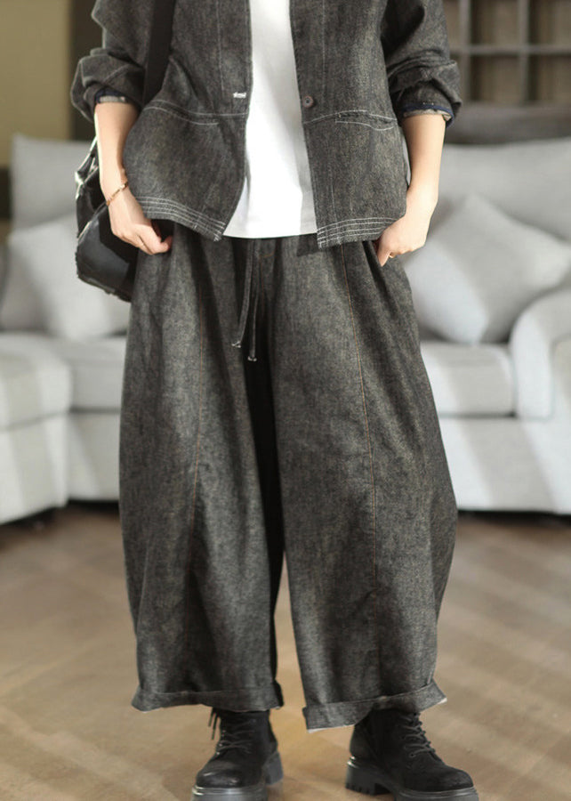 Black Pockets Casual Cotton Lantern Pants Elastic Waist Fall