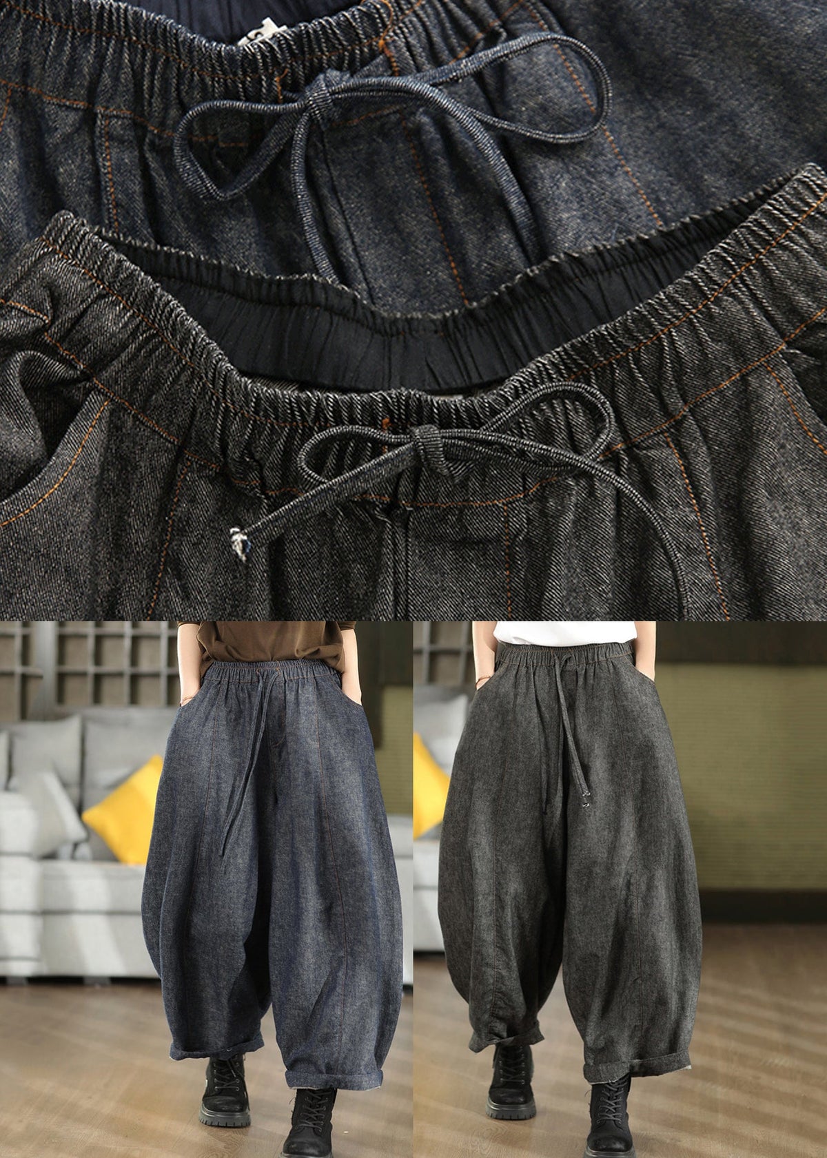 Black Pockets Casual Cotton Lantern Pants Elastic Waist Fall