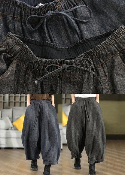 Black Pockets Casual Cotton Lantern Pants Elastic Waist Fall