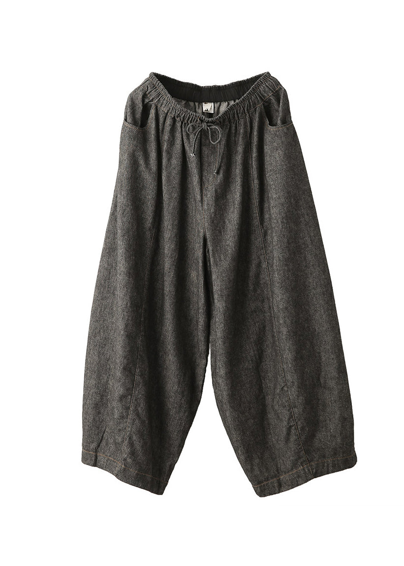 Black Pockets Casual Cotton Lantern Pants Elastic Waist Fall