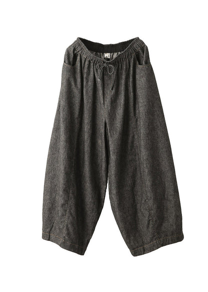 Black Pockets Casual Cotton Lantern Pants Elastic Waist Fall