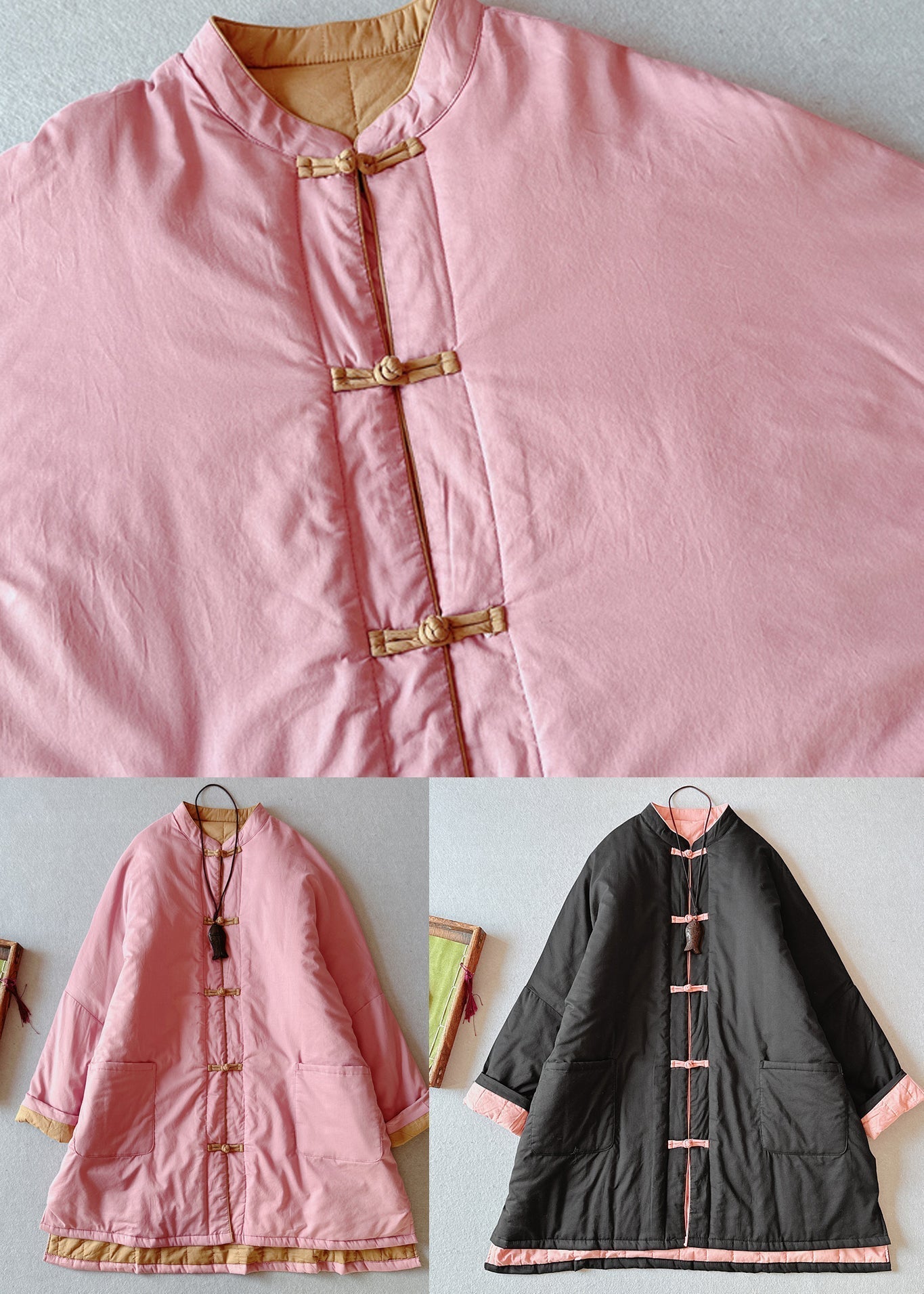 Black Pockets Chinese Button Fine Cotton Filled Womens Loose Coat Winter