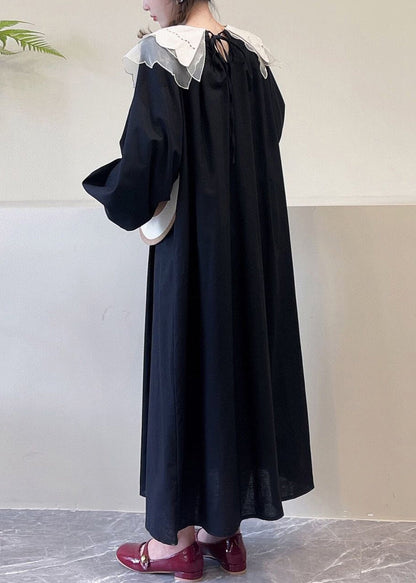 Black Pockets Cotton Dress Peter Pan Collar Long Sleeve