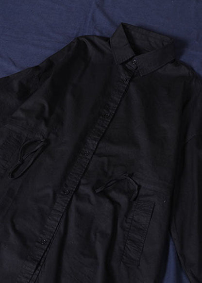 Black Pockets Cotton Loose Shirt Dresses Solid Color Drawstring Long Sleeve
