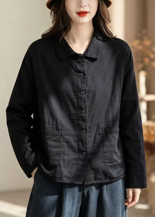 Black Pockets Double-Iayer Cotton Jacket Turn-Down Collar Fall