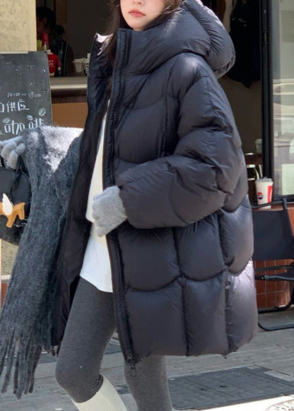 Black Pockets Drawstring Duck Down Winter Puffer Coat Hooded