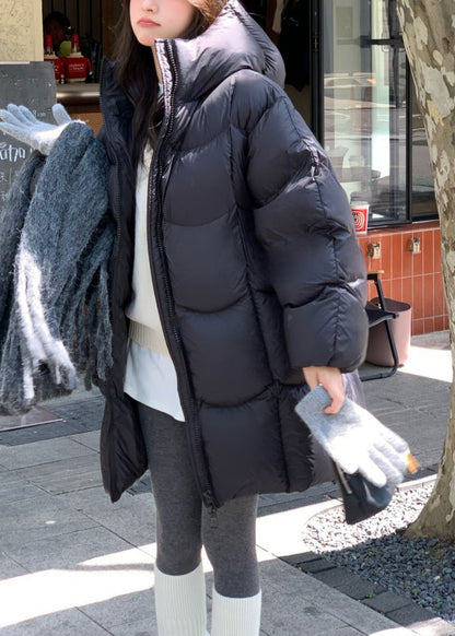 Black Pockets Drawstring Duck Down Winter Puffer Coat Hooded