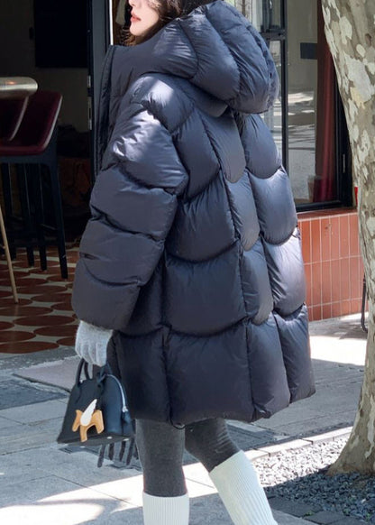 Black Pockets Drawstring Duck Down Winter Puffer Coat Hooded