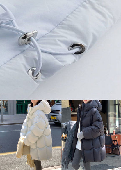 Black Pockets Drawstring Duck Down Winter Puffer Coat Hooded