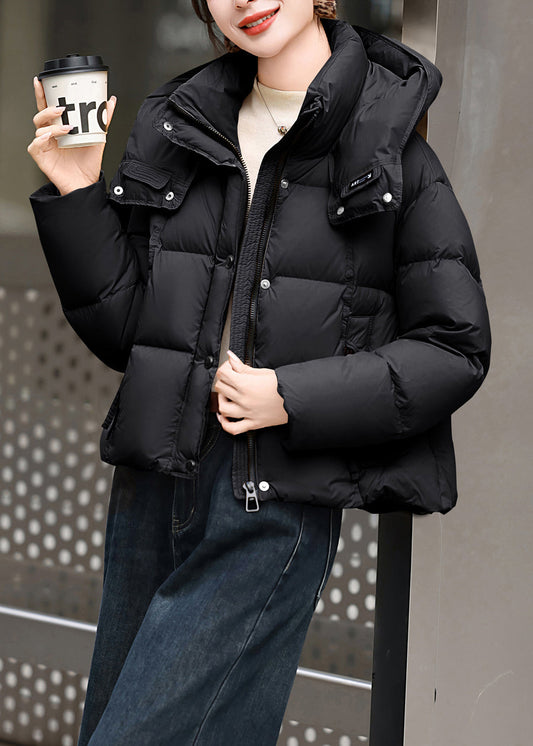 Black Pockets Duck Down Casual Jacket Hooded Winter
