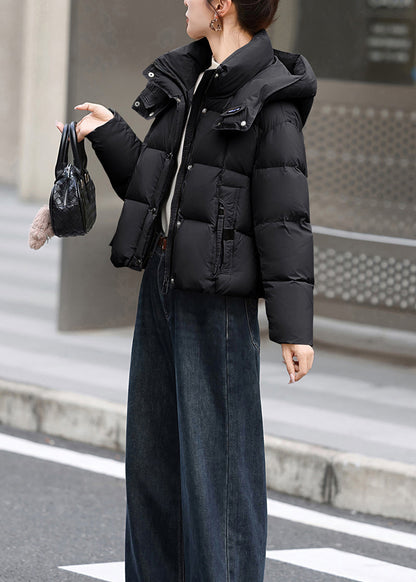 Black Pockets Duck Down Casual Jacket Hooded Winter