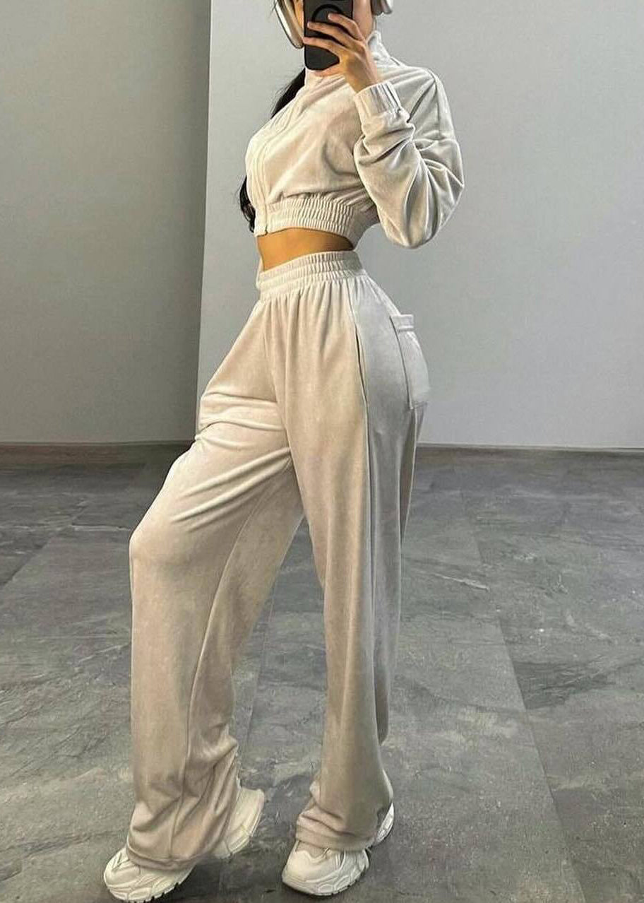 Black Pockets Elastic Waist Silk Velvet Two Pieces Set Zip Up