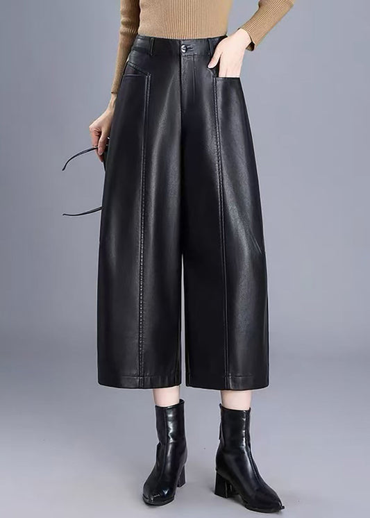 Black Pockets Faux Leather Pants High Waist Wide Leg Crop Fall