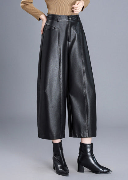 Black Pockets Faux Leather Pants High Waist Wide Leg Crop Fall