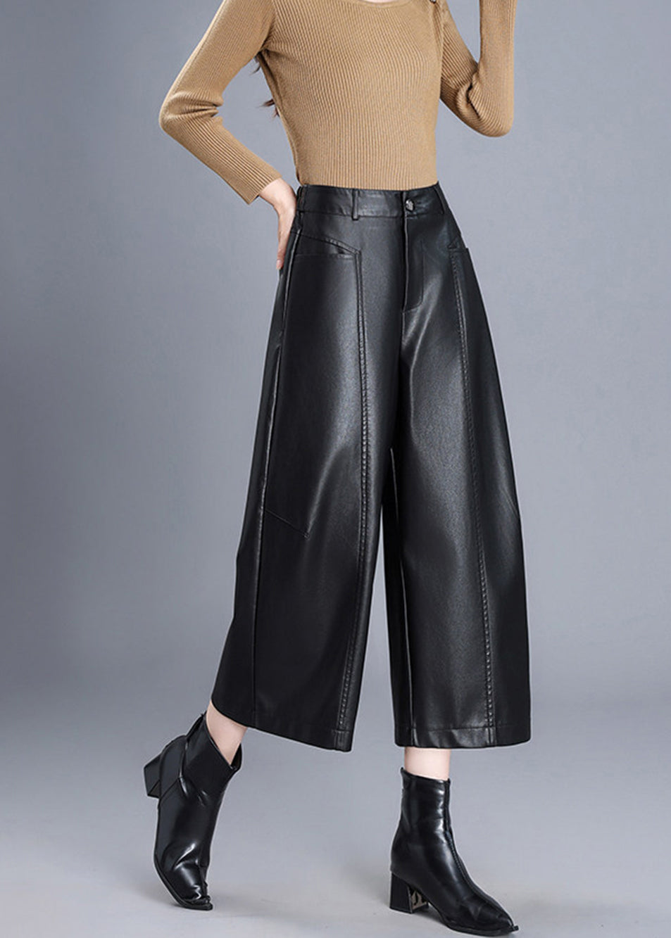 Black Pockets Faux Leather Pants High Waist Wide Leg Crop Fall