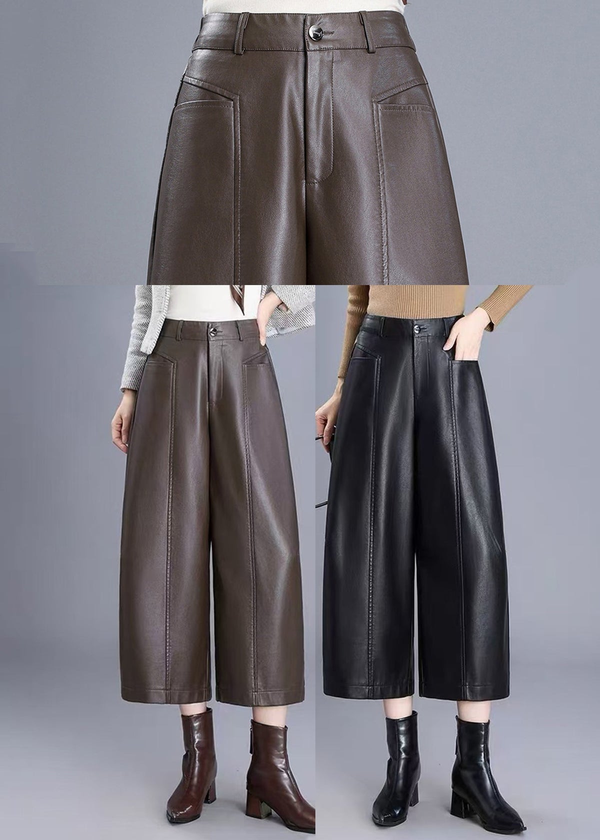 Black Pockets Faux Leather Pants High Waist Wide Leg Crop Fall
