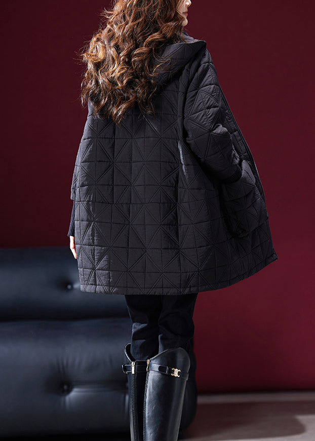 Black Pockets Fine Cotton Filled Parka Coats Hooded Winter