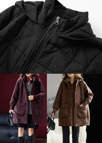 Black Pockets Fine Cotton Filled Parka Coats Hooded Winter