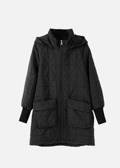 Black Pockets Fine Cotton Filled Parka Coats Hooded Winter