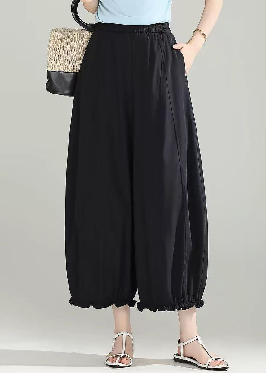Black Pockets High Waist Lantern Crop Pants Ruffled Summer