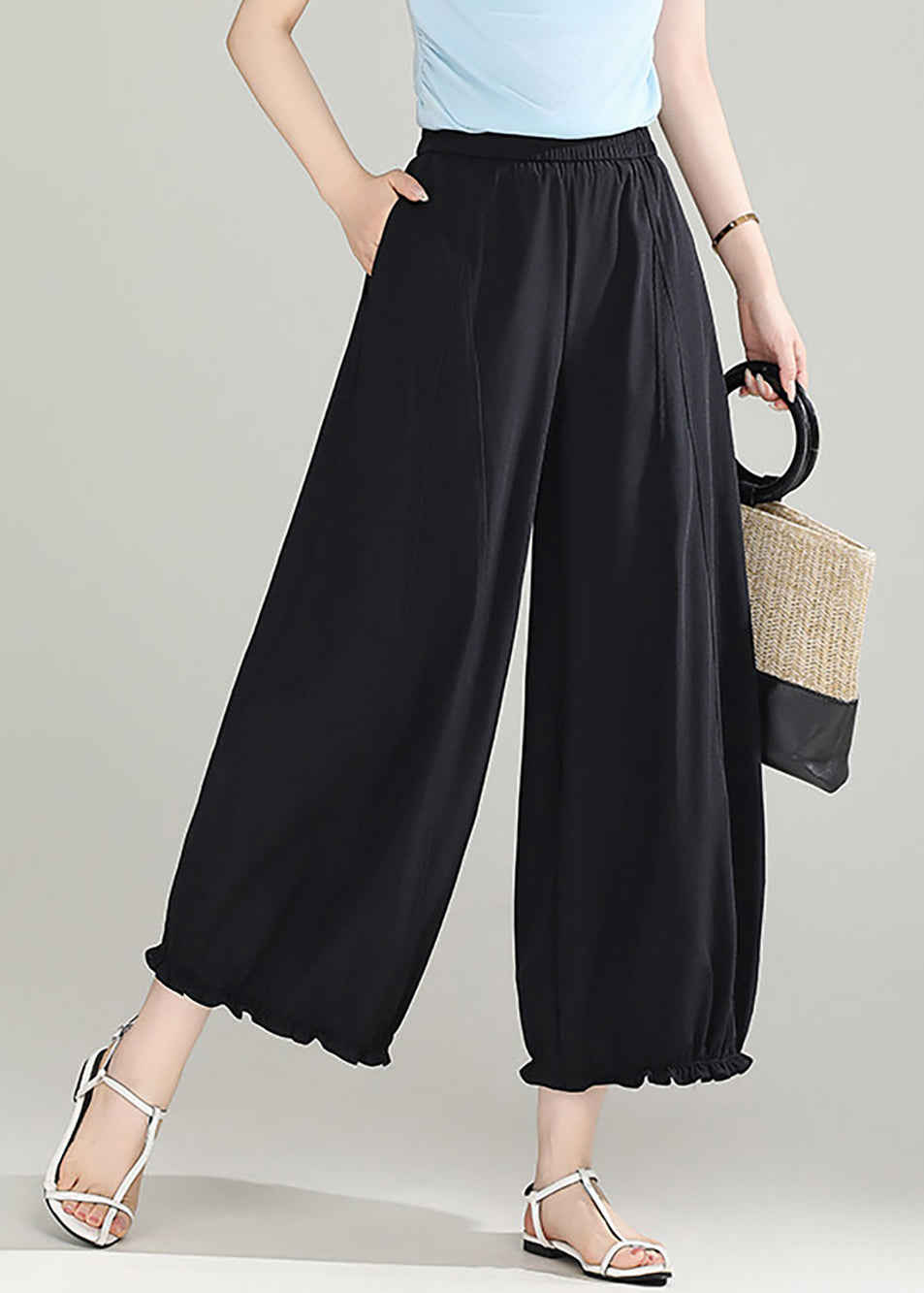 Black Pockets High Waist Lantern Crop Pants Ruffled Summer