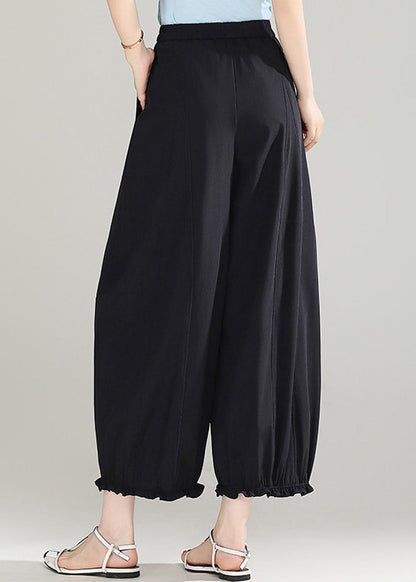 Black Pockets High Waist Lantern Crop Pants Ruffled Summer