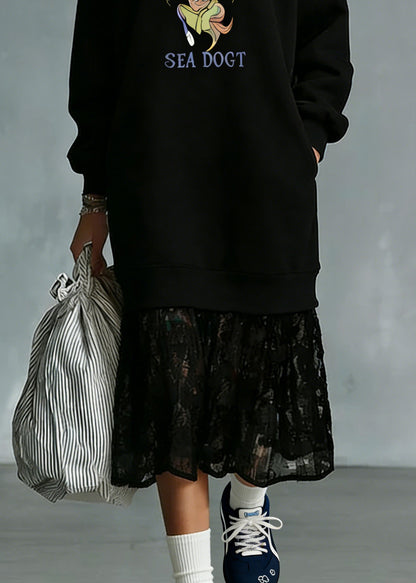 Black Pockets Lace Patchwork Warm Fleece Maxi Dresses O Neck Spring