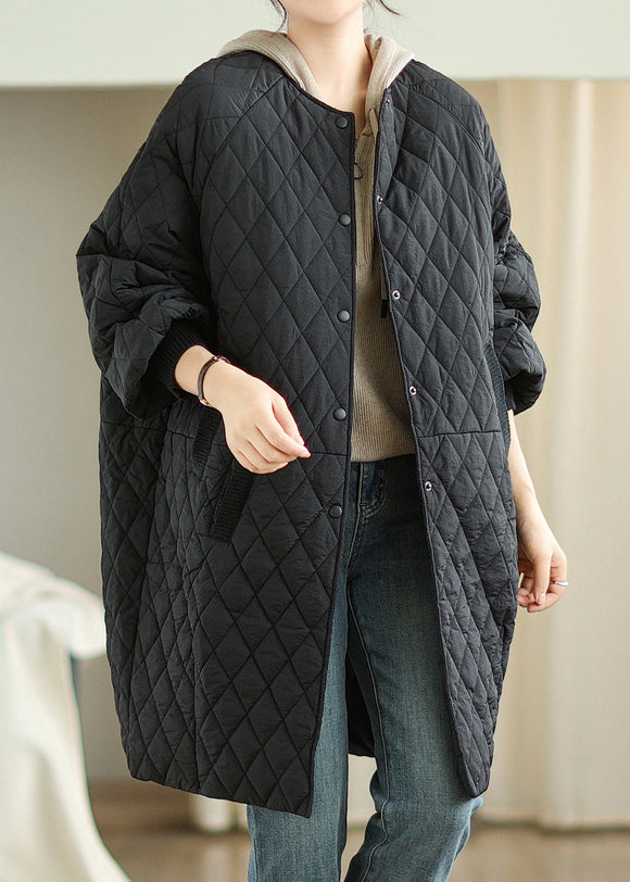 Black Pockets Loose Fine Cotton Filled Puffer Coat Hooded Winter