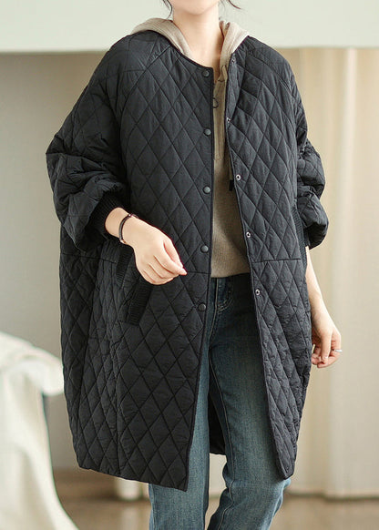Black Pockets Loose Fine Cotton Filled Puffer Coat Hooded Winter