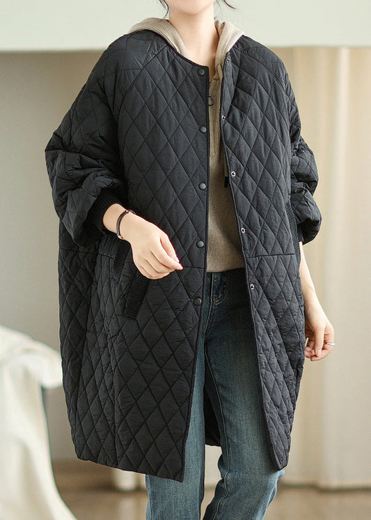 Black Pockets Loose Fine Cotton Filled Puffer Coat Hooded Winter