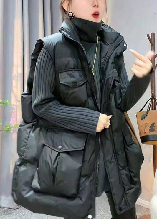 Black Pockets Oversized Cotton Filled Waistcoat Stand Collar