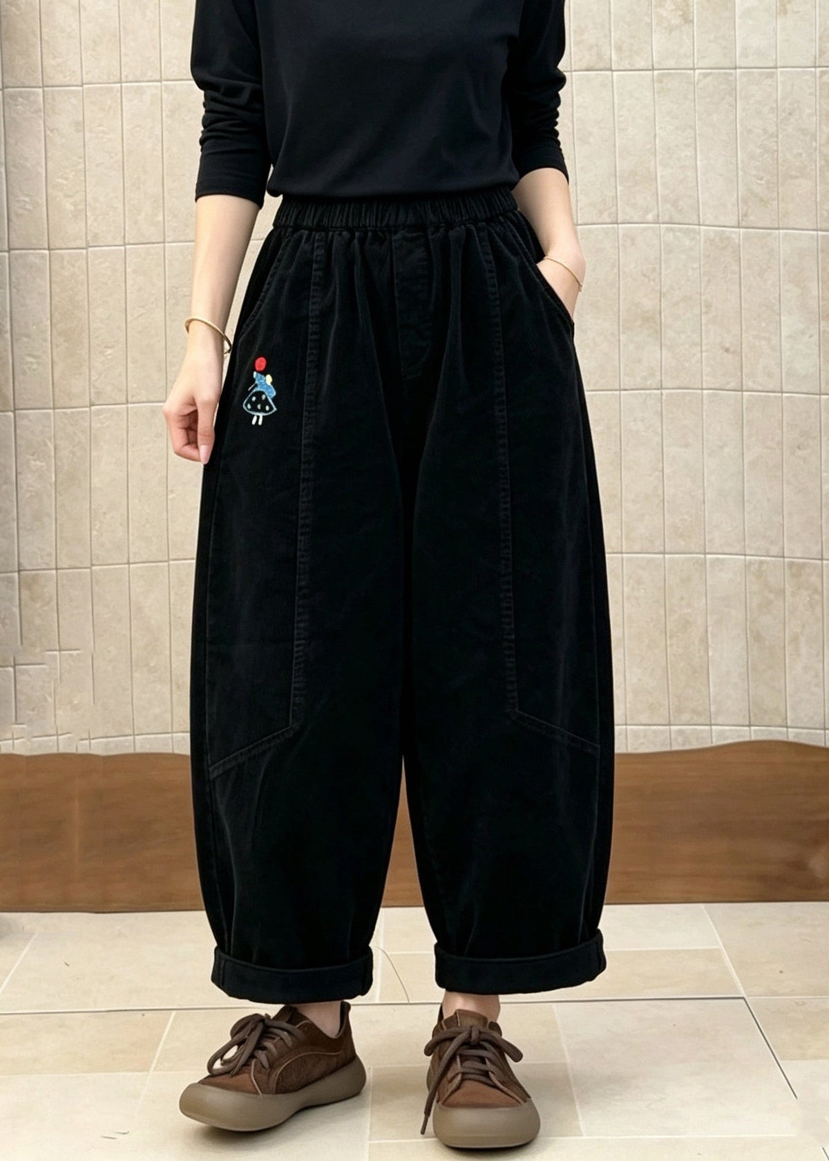 Black Pockets Patchwork Corduroy Pants Embroidered Elastic Waist Fall