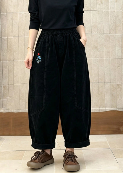 Black Pockets Patchwork Corduroy Pants Embroidered Elastic Waist Fall