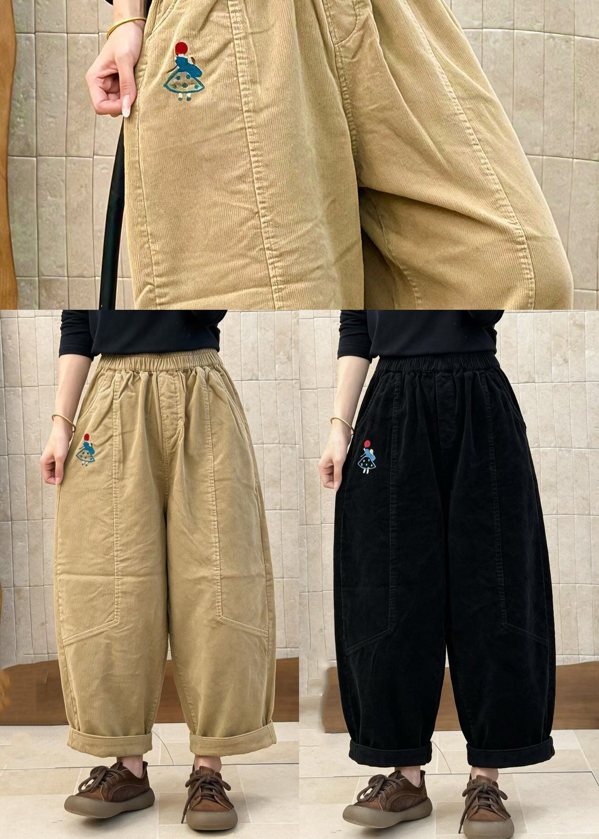 Black Pockets Patchwork Corduroy Pants Embroidered Elastic Waist Fall