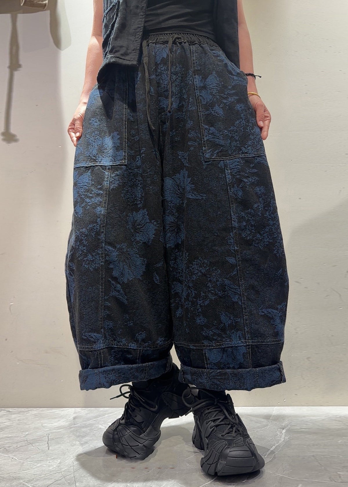 Black Pockets Patchwork Loose Denim Harem Pants Jacquard Fall