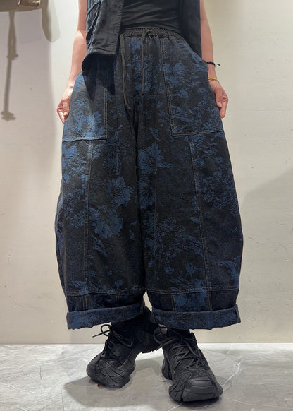 Black Pockets Patchwork Loose Denim Harem Pants Jacquard Fall