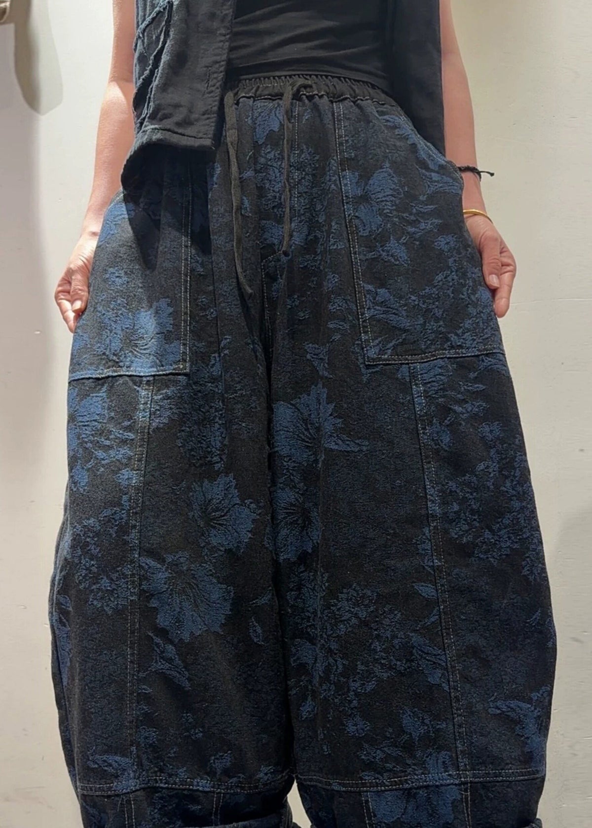 Black Pockets Patchwork Loose Denim Harem Pants Jacquard Fall