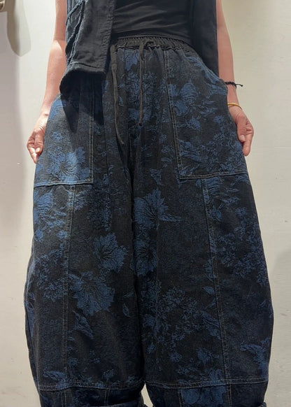 Black Pockets Patchwork Loose Denim Harem Pants Jacquard Fall