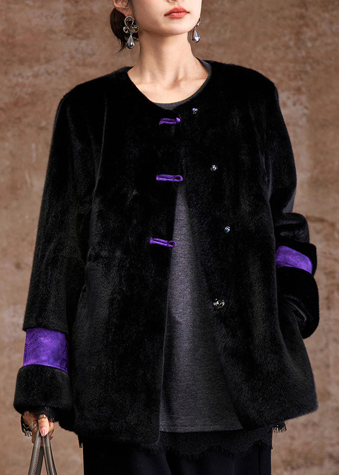 Black Pockets Print Leather And Fur Coat Winter
