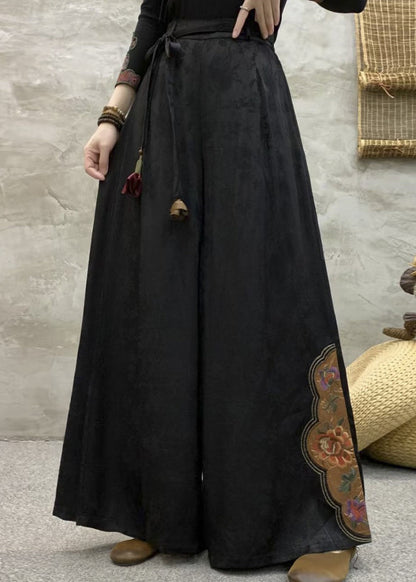 Black Pockets Silk Pants Embroidered Elastic Waist Fall