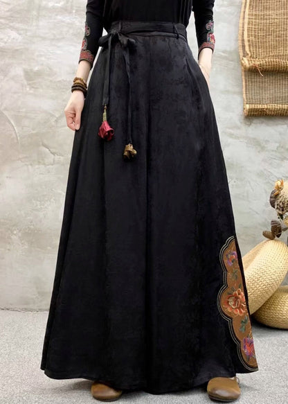 Black Pockets Silk Pants Embroidered Elastic Waist Fall