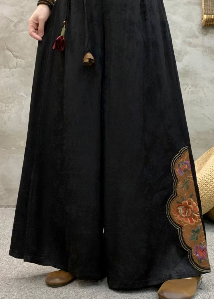 Black Pockets Silk Pants Embroidered Elastic Waist Fall