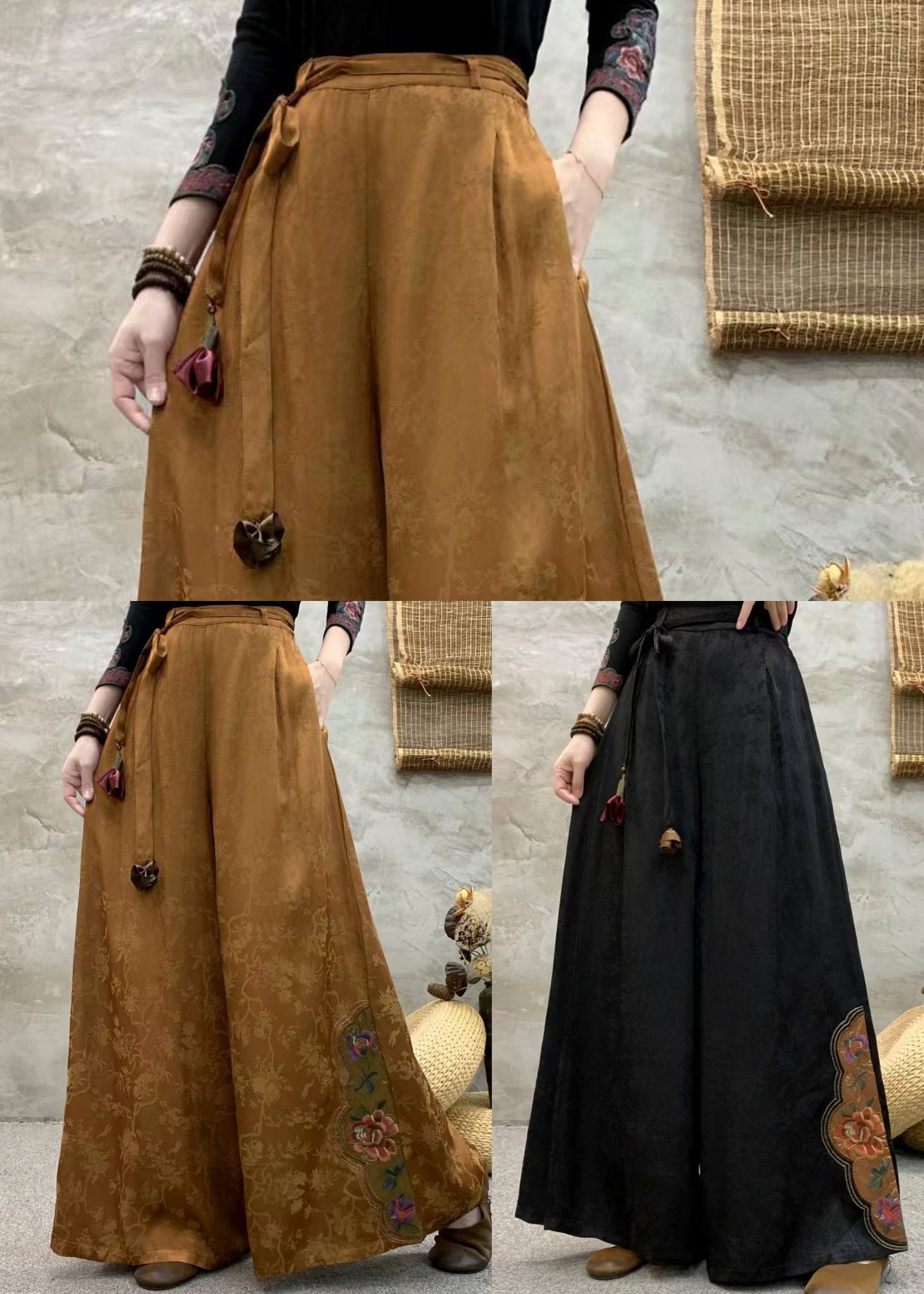 Black Pockets Silk Pants Embroidered Elastic Waist Fall