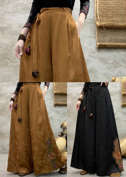 Black Pockets Silk Pants Embroidered Elastic Waist Fall