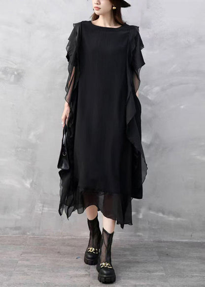 Black Pockets Solid Chiffon Summer Dresses O Neck