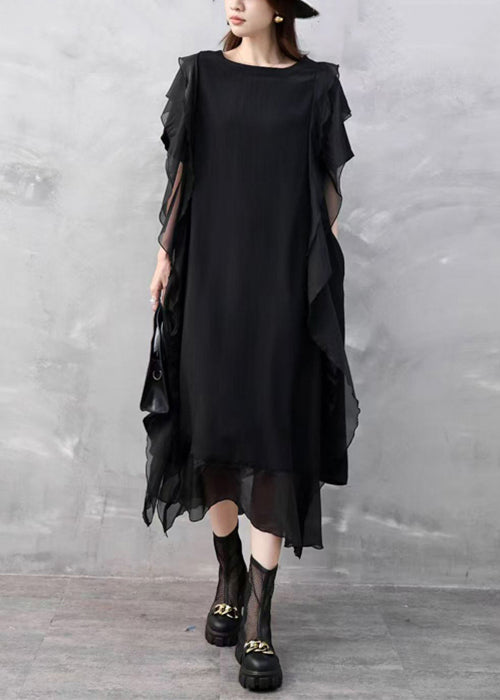 Black Pockets Solid Chiffon Summer Dresses O Neck