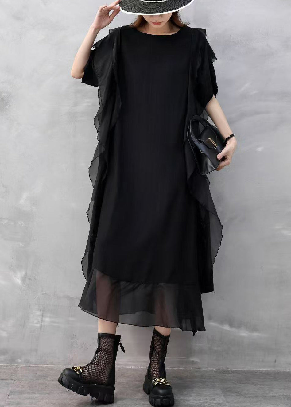 Black Pockets Solid Chiffon Summer Dresses O Neck
